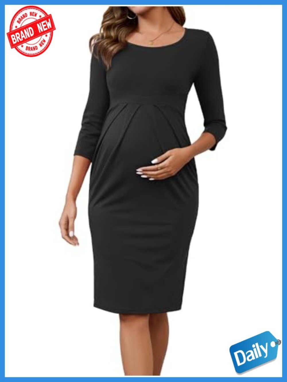 Maternity Work Dress Semi Formal 3/4 Sleeves Office Pleated Midi Sheath